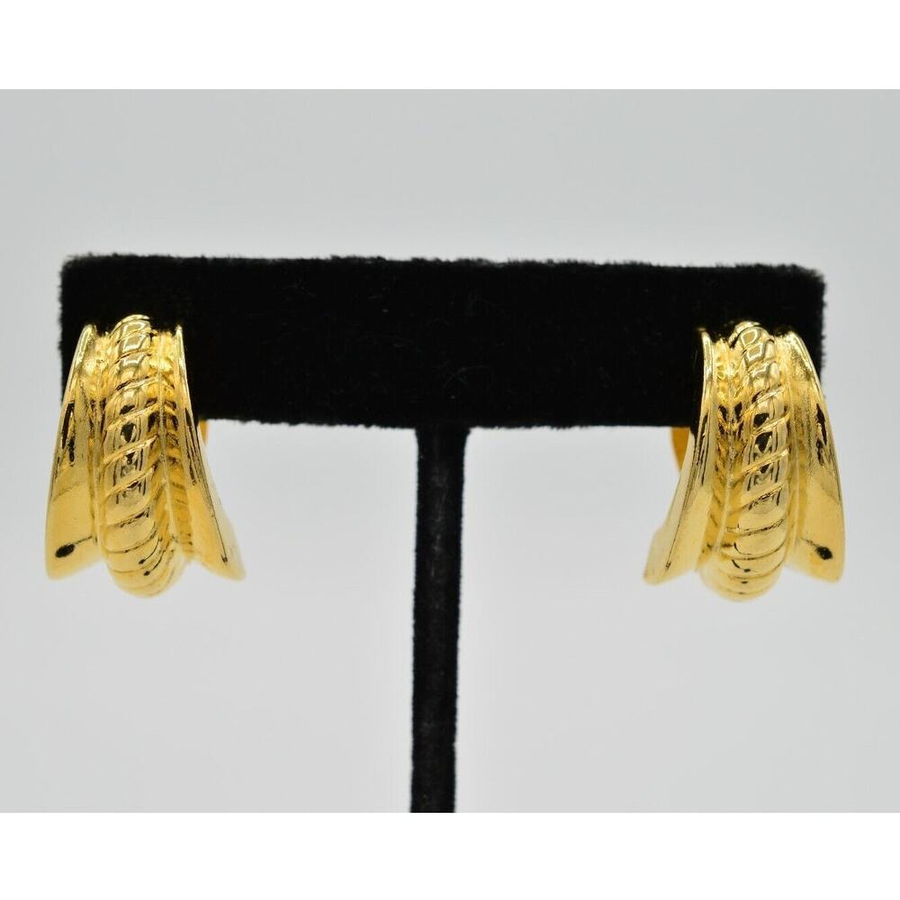 Fernando Originals Vintage Clip On Earrings Shiny Gold Chunky Hoop Signed 80s 9M